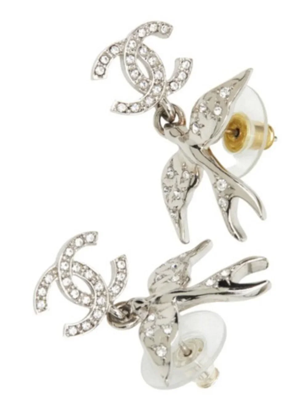 #175 - CHANEL Coco Mark Strass Bird Earrings Silver Tone Metal ABF759, C25S